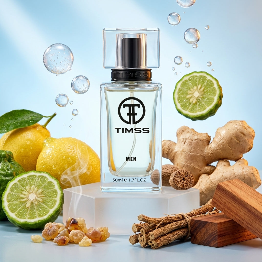 TIMSS M 140 Timss Sport Men inspirat din Christian Dior apa de parfum prezentat alături de lămâie, ghimbir și tămâie.