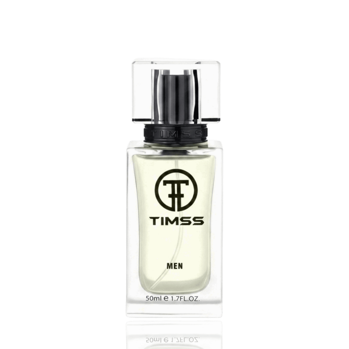 Detaliu flacon TIMSS M 142 L-Homme inspirat din Yves Saint Laurent apă de parfum, evidențiind eticheta și pulverizatorul.