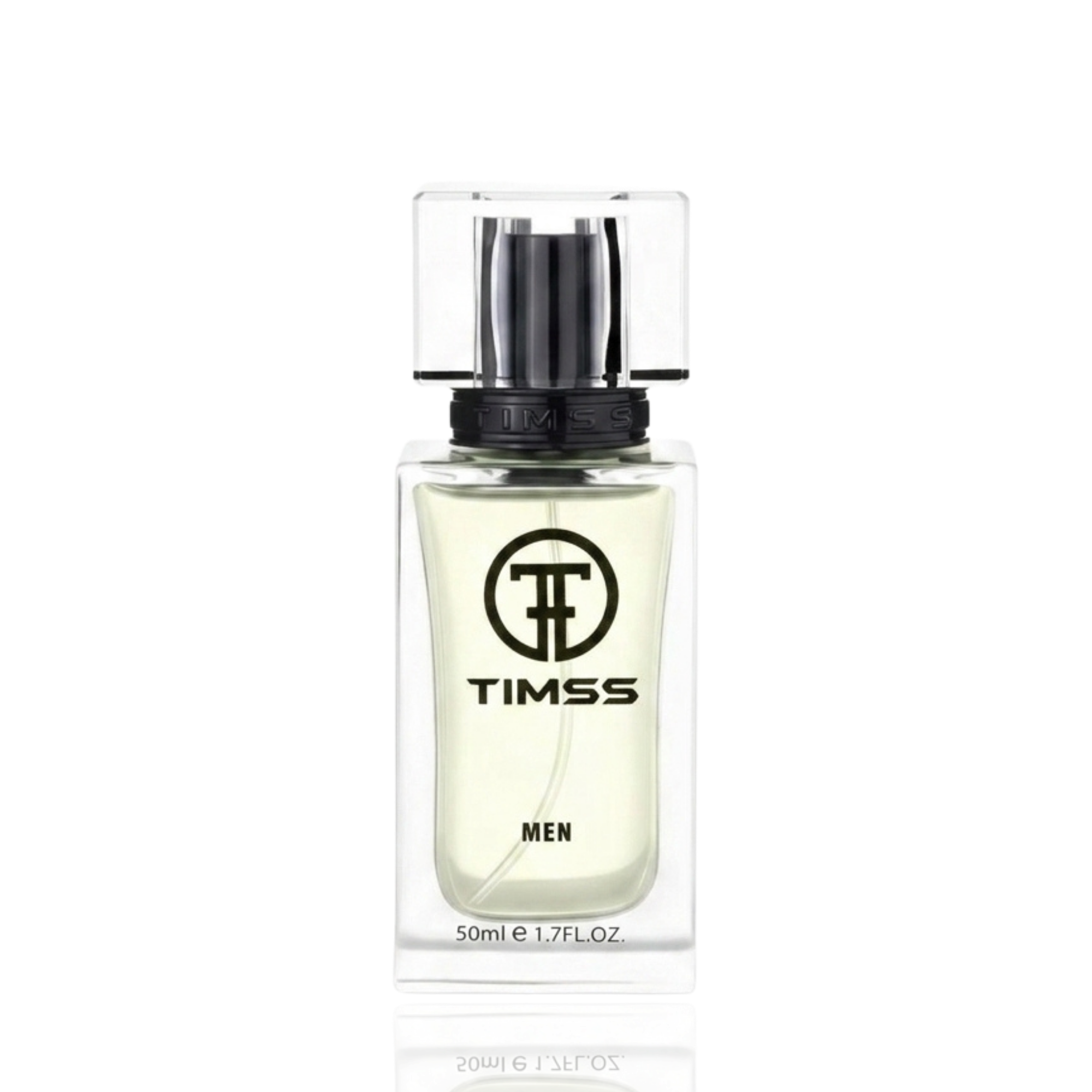 Detaliu flacon TIMSS M 142 L-Homme inspirat din Yves Saint Laurent apă de parfum, evidențiind eticheta și pulverizatorul.