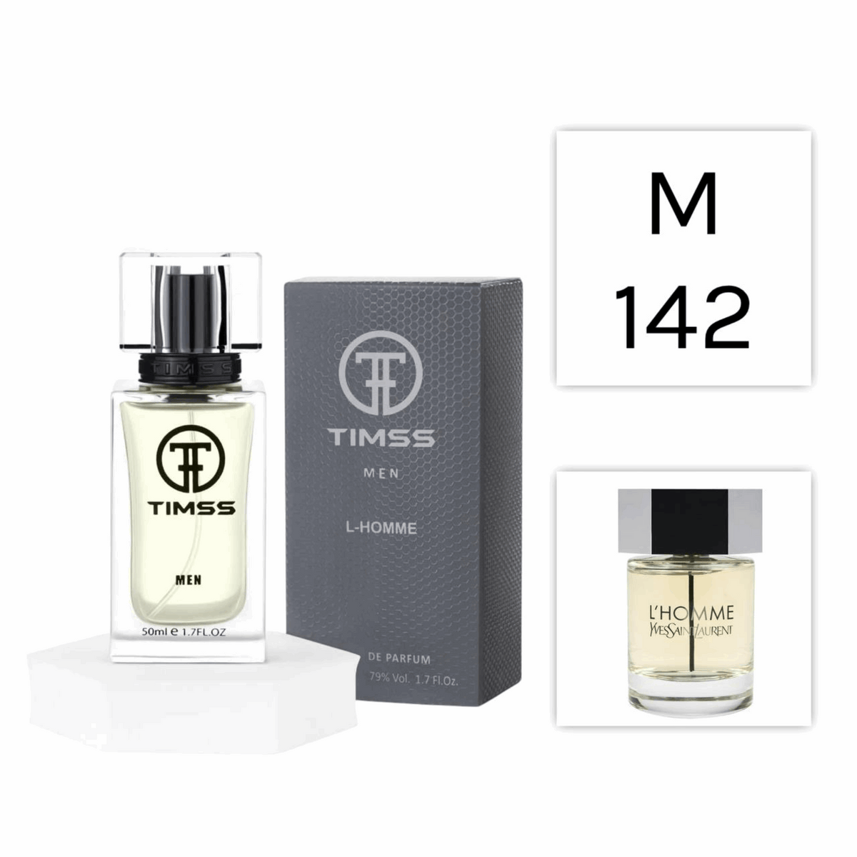 TIMSS M 142 L-Homme inspirat din Yves Saint Laurent L'Homme apă de parfum masculin 50 ml flacon frontal.
