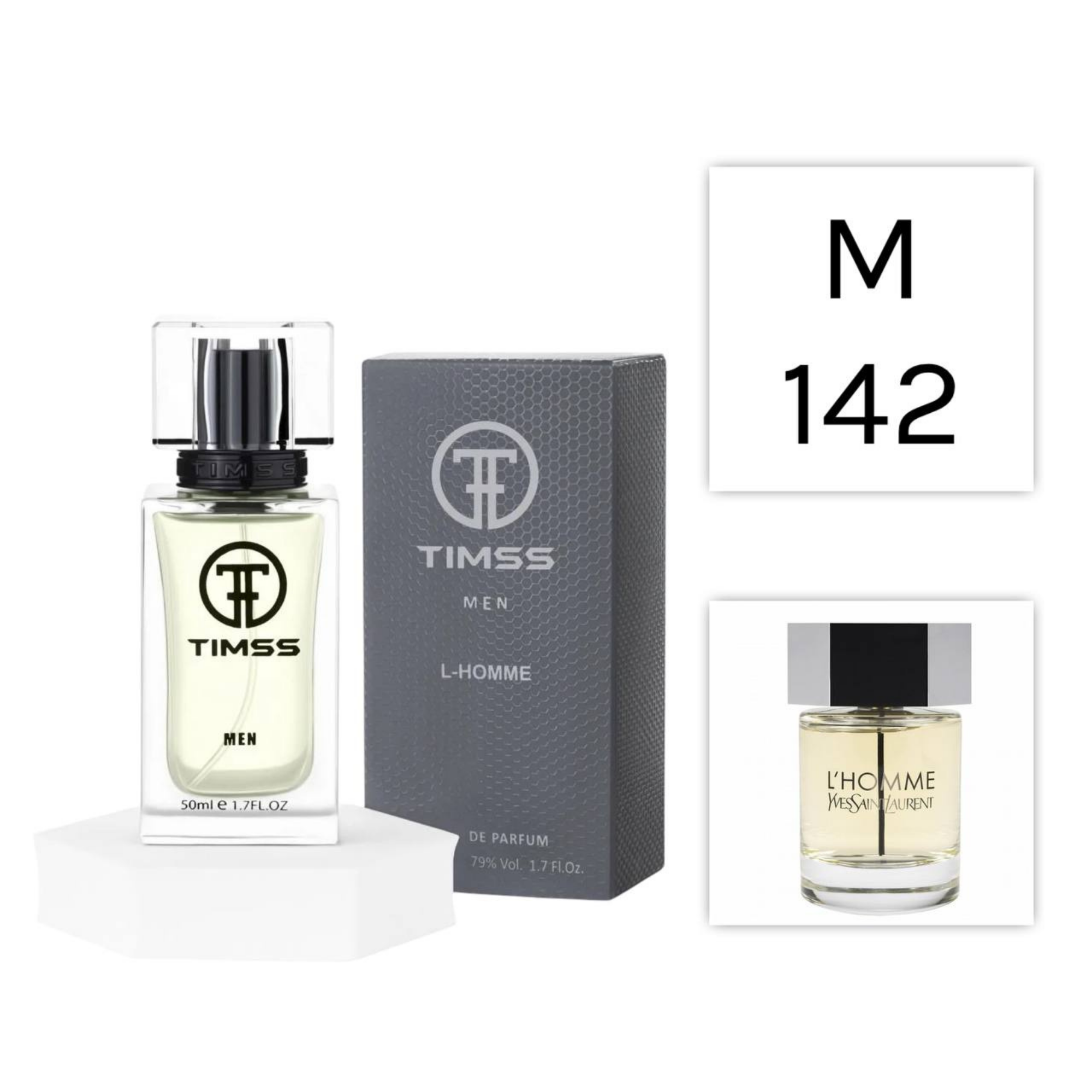 TIMSS M 142 L-Homme inspirat din Yves Saint Laurent L'Homme apă de parfum masculin 50 ml flacon frontal.
