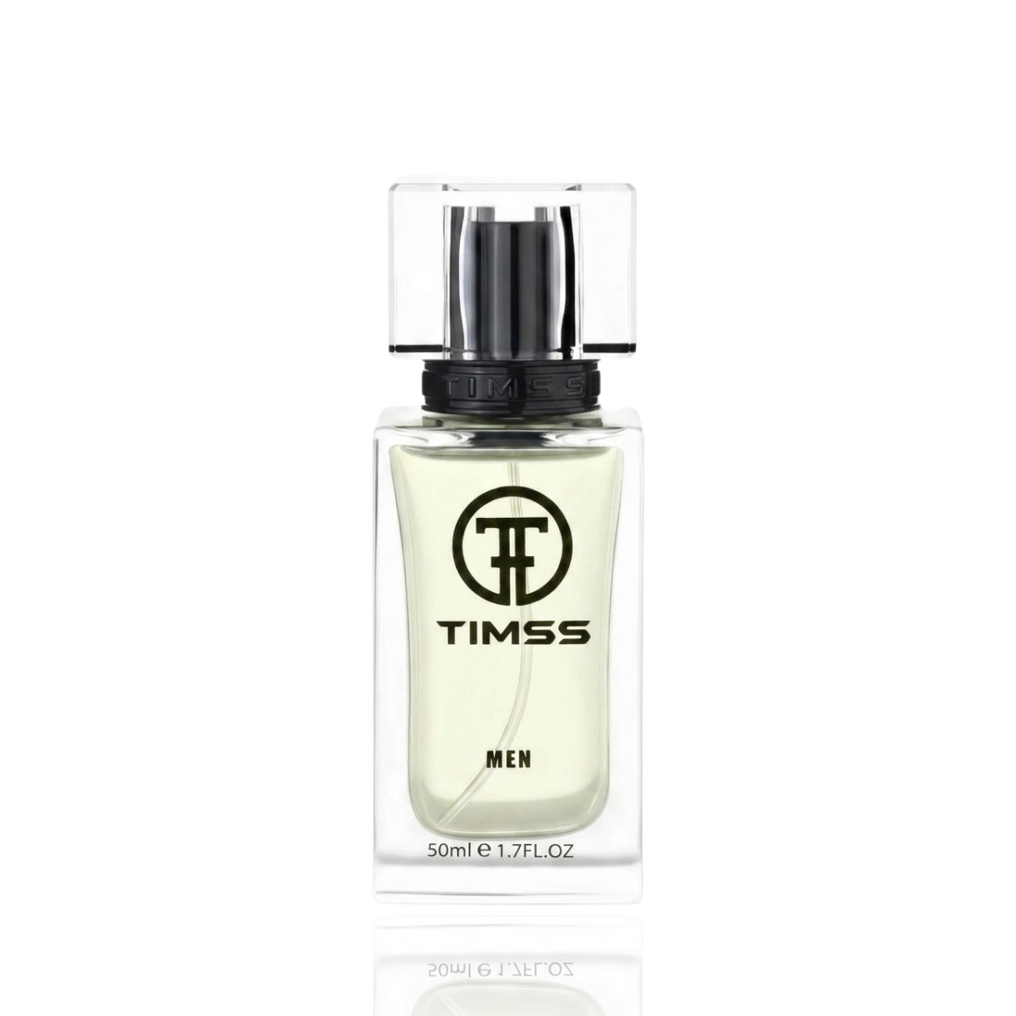 Detaliu flacon TIMSS M 144 Eleyaum inspirat din Roja Parfums apă de parfum, evidențiind eticheta și pulverizatorul.