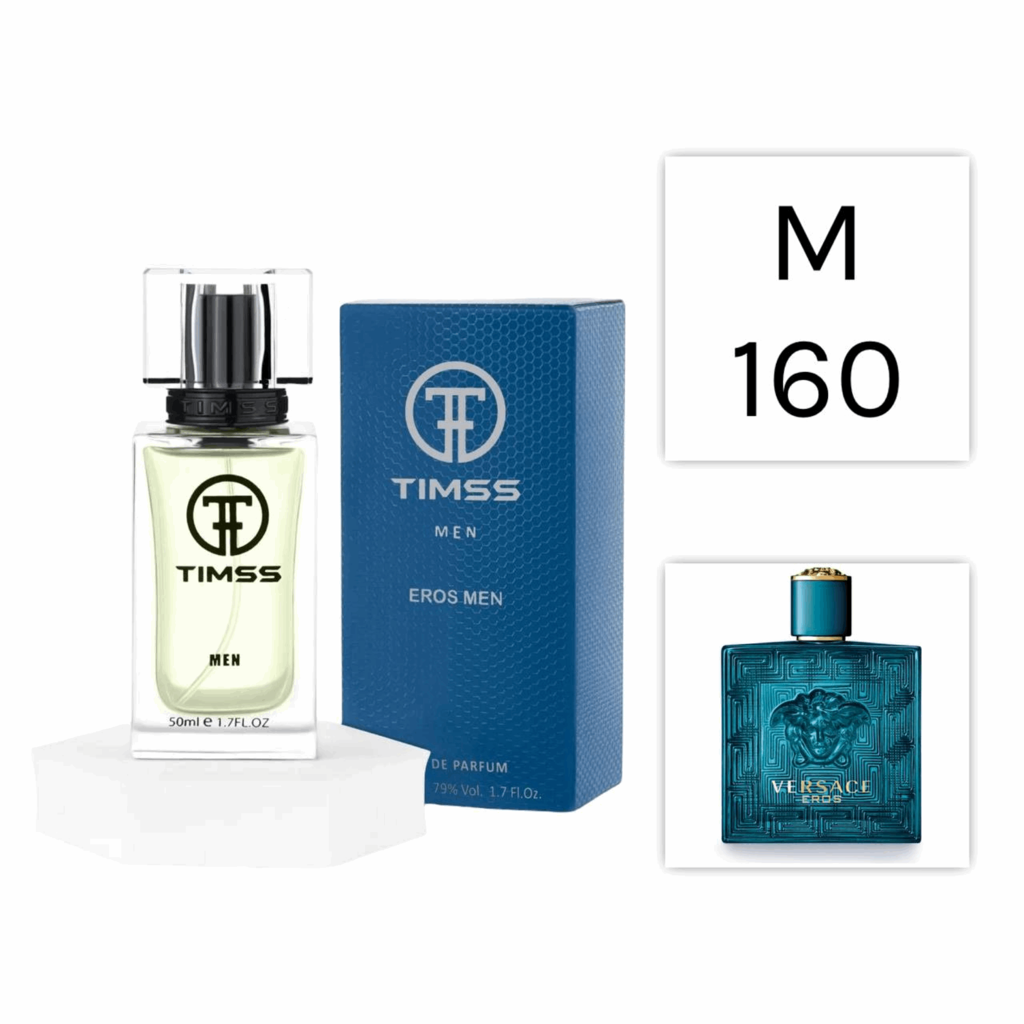 TIMSS M 160 Eros Men inspirat din Versace Eros apă de parfum masculin 50 ml flacon frontal.