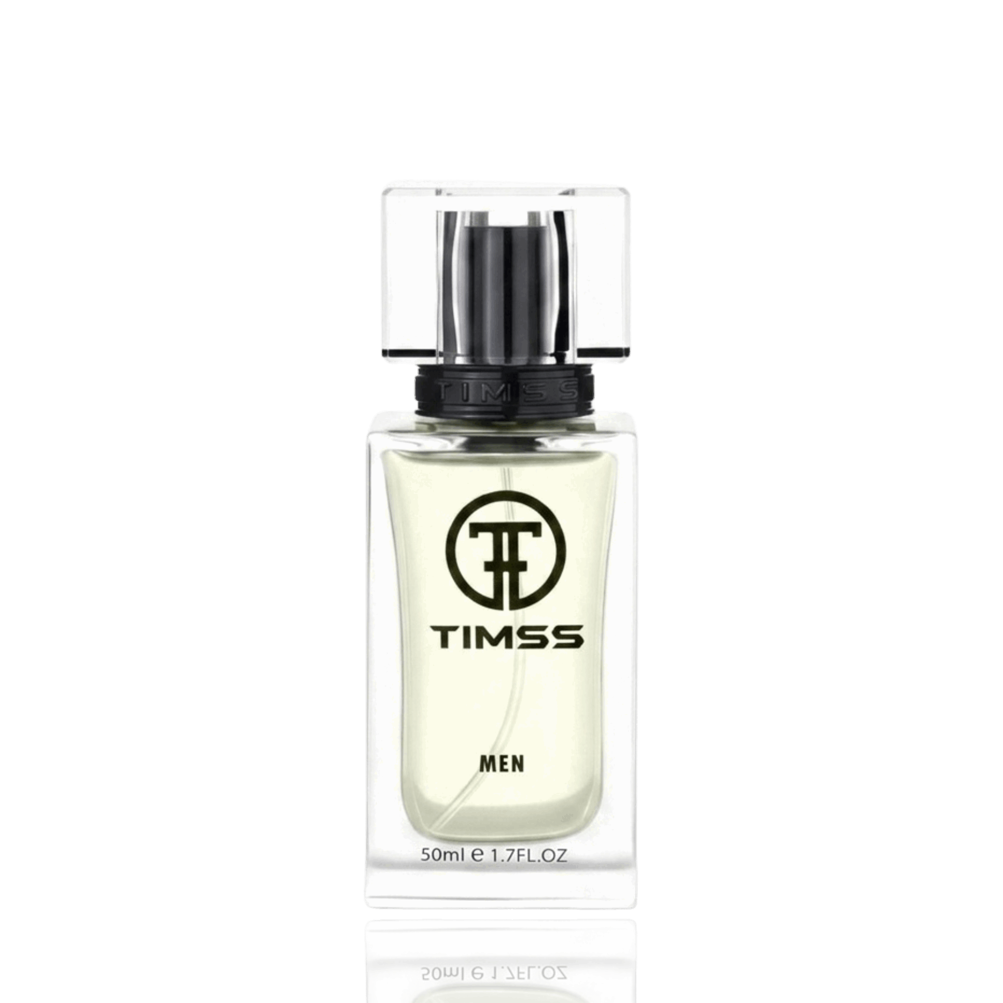 Detaliu flacon TIMSS M 166 The Skent inspirat din Hugo Boss apă de parfum, evidențiind eticheta și pulverizatorul.