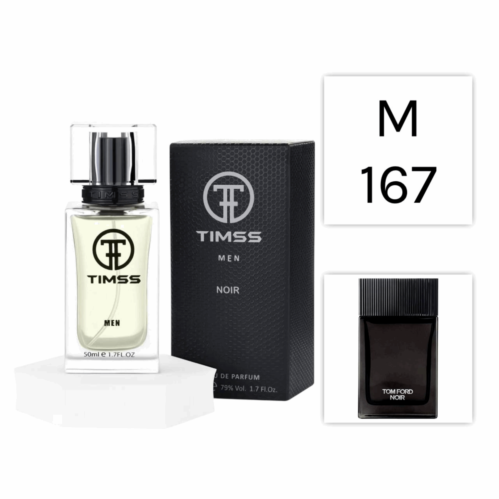 TIMSS M 167 Noir inspirat din Tom Ford Noir apă de parfum masculin 50 ml flacon frontal.