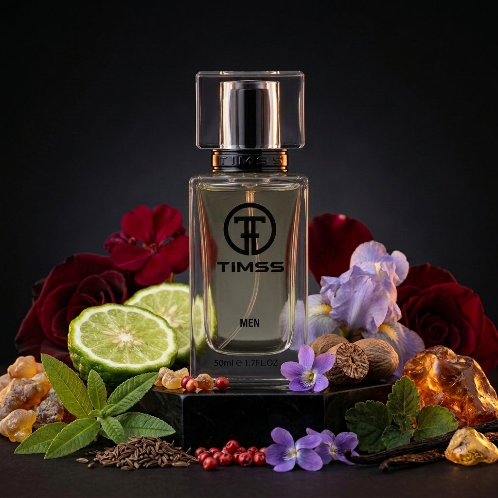 TIMSS M 167 Noir inspirat din Tom Ford apă de parfum prezentat alături de violete, iris, chihlimbar și vanilie.