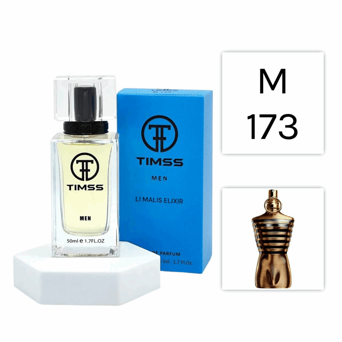 TIMSS M 173 Li Malis Elixir inspirat din Jean Paul Gaultier Le Male Elixir apă de parfum masculin 50 ml flacon frontal.