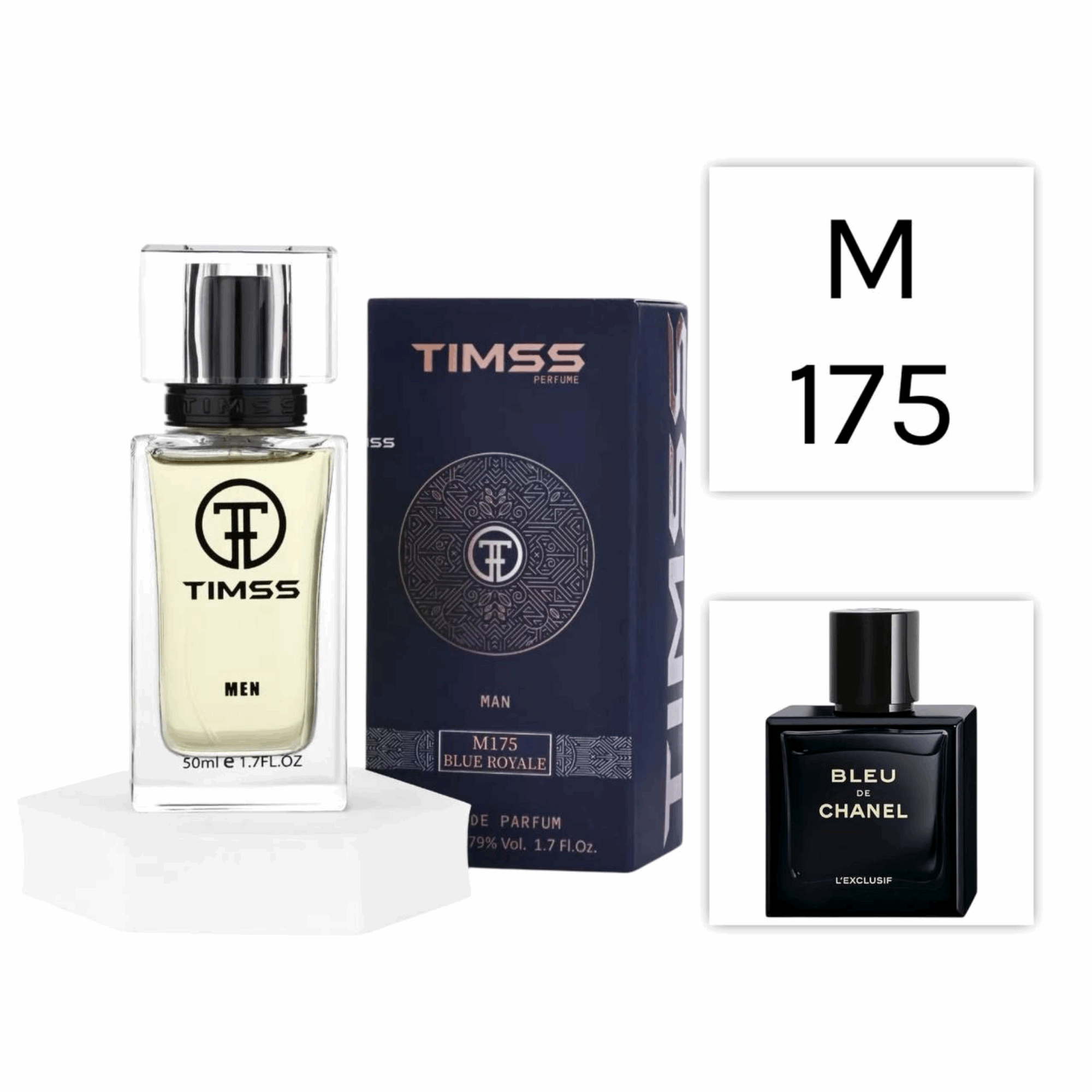 TIMSS M 175 Bleu Royale inspirat din Chanel Bleu de Chanel L'Exclusif apă de parfum masculin 50 ml flacon frontal.