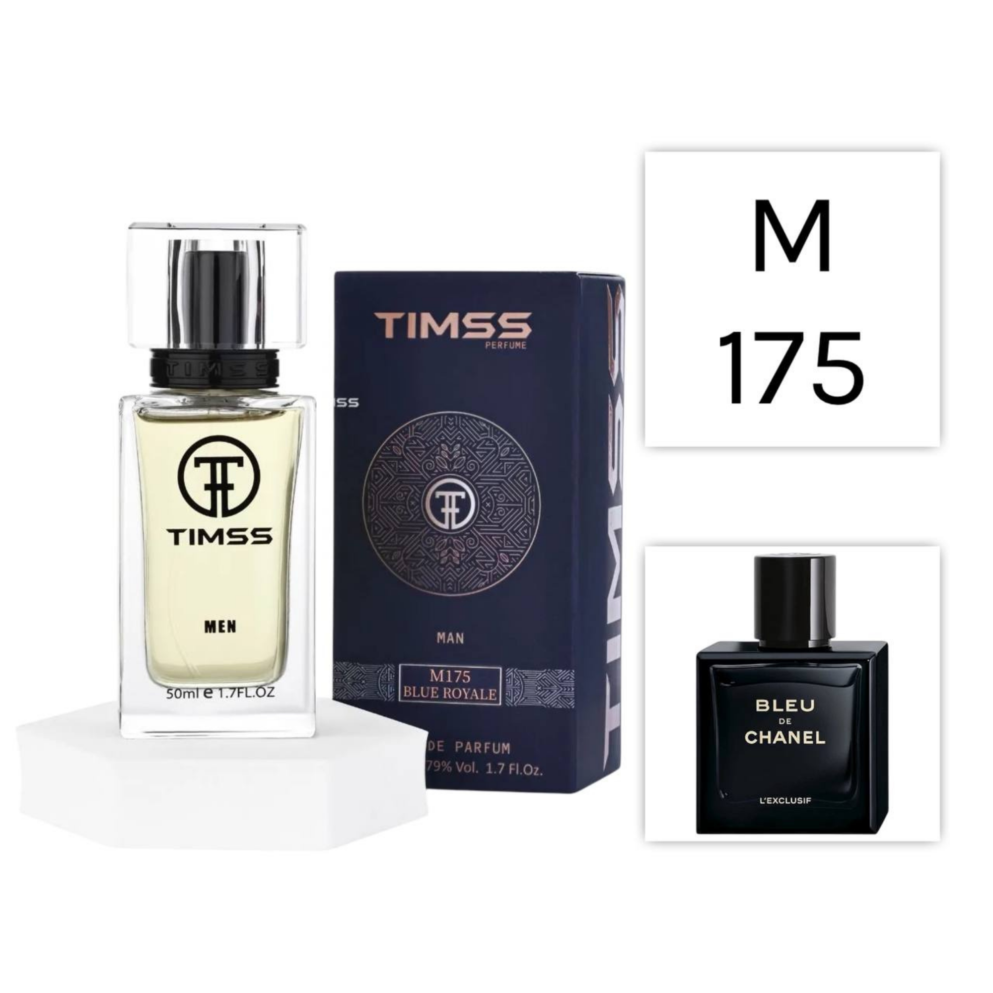 TIMSS M 175 Bleu Royale inspirat din Chanel Bleu de Chanel L'Exclusif apă de parfum masculin 50 ml flacon frontal.