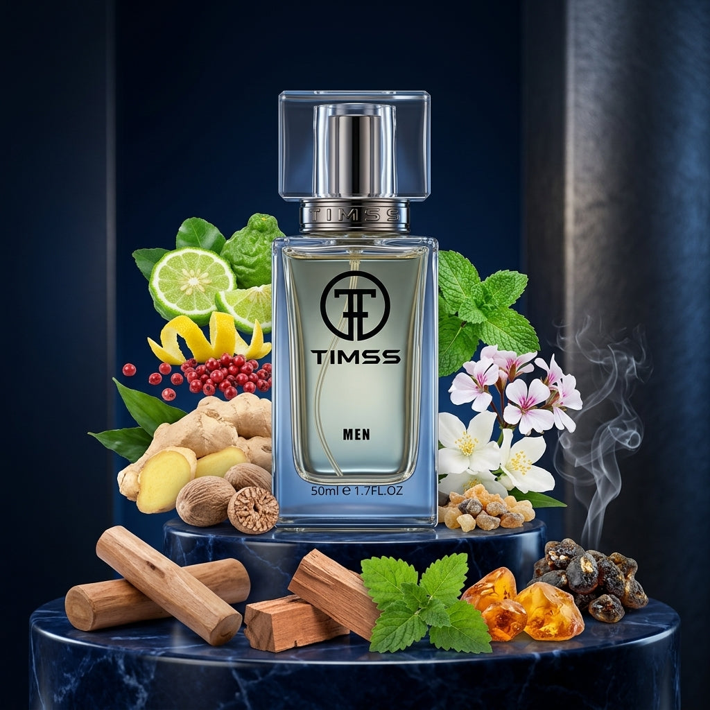 TIMSS M 175 Bleu Royale inspirat din Chanel apă de parfum prezentat alături de bergamotă, ghimbir, tămâie și santal.