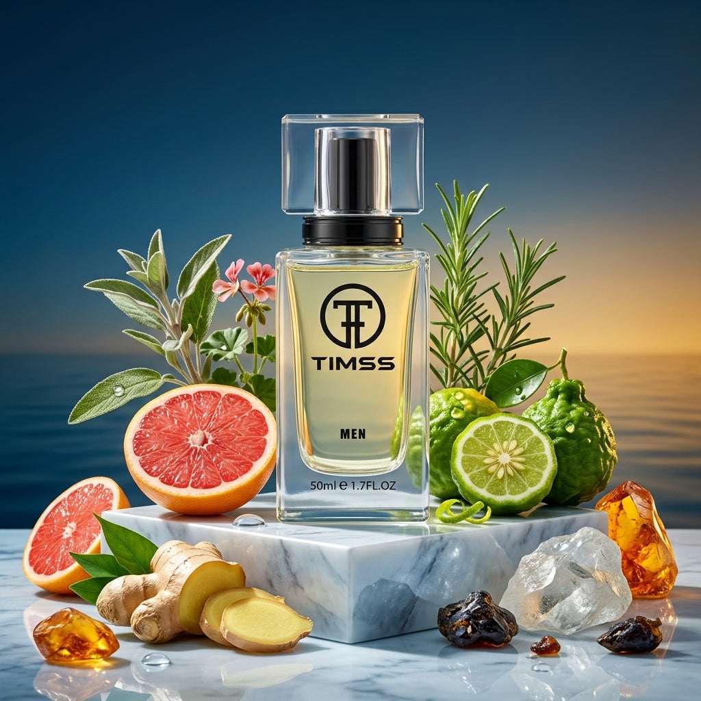TIMSS M 176 Limeniste inspirat din Louis Vuitton apă de parfum prezentat alături de ghimbir, grapefruit, rozmarin și ambroxan.