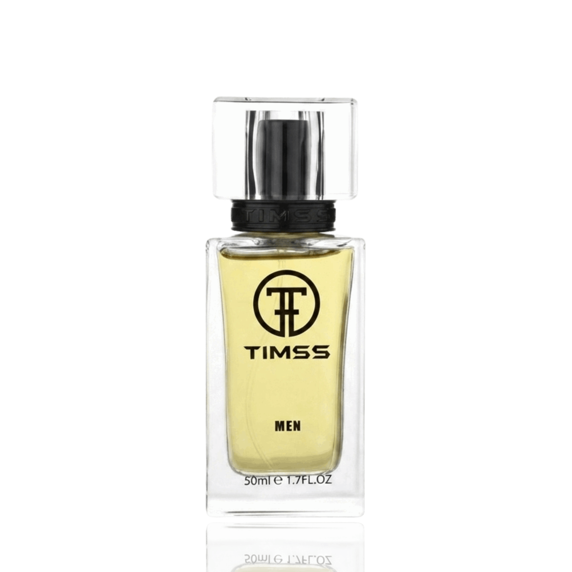 Detaliu flacon TIMSS M 177 Skandal inspirat din Jean Paul Gaultier apă de parfum, evidențiind eticheta și pulverizatorul.