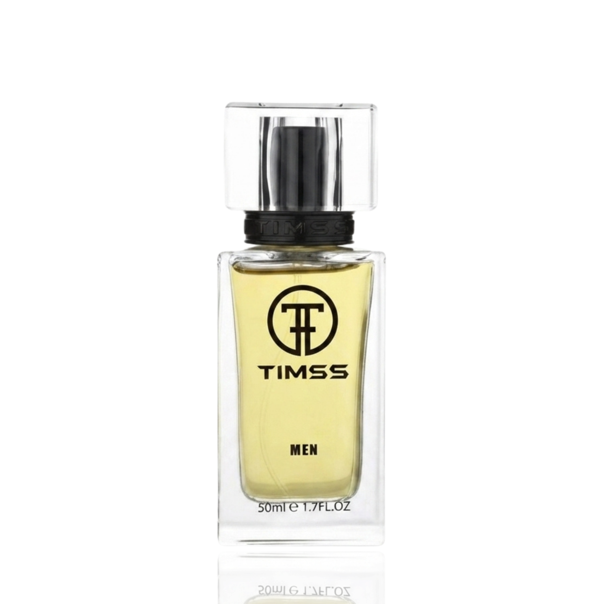 Detaliu flacon TIMSS M 177 Skandal inspirat din Jean Paul Gaultier apă de parfum, evidențiind eticheta și pulverizatorul.