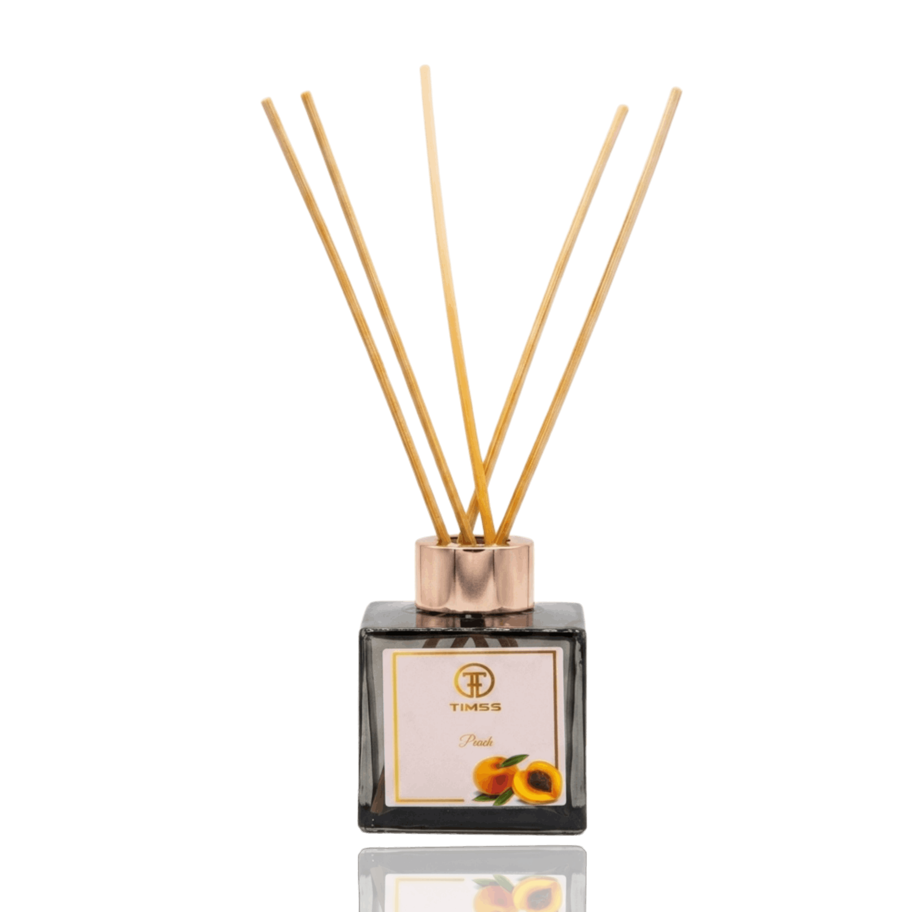TIMSS Peach parfum de camera cu betisoare 120 ml detaliu flacon sticla si difuzor Parfumer.md