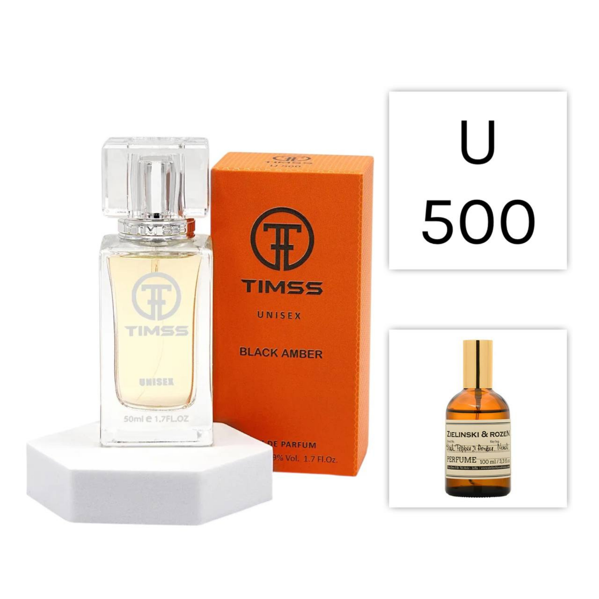 Detaliu flacon și etichetă pentru TIMSS U 500 BLACK AMBER apă de parfum 50ml pe Parfumer.md.