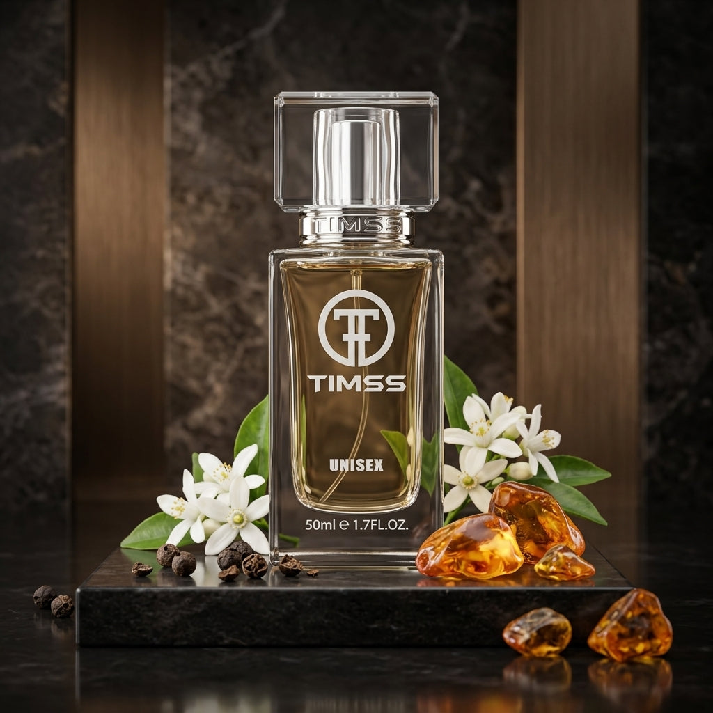 TIMSS U 500 BLACK AMBER apă de parfum prezentat alături de ingredientele piper negru și chihlimbar.