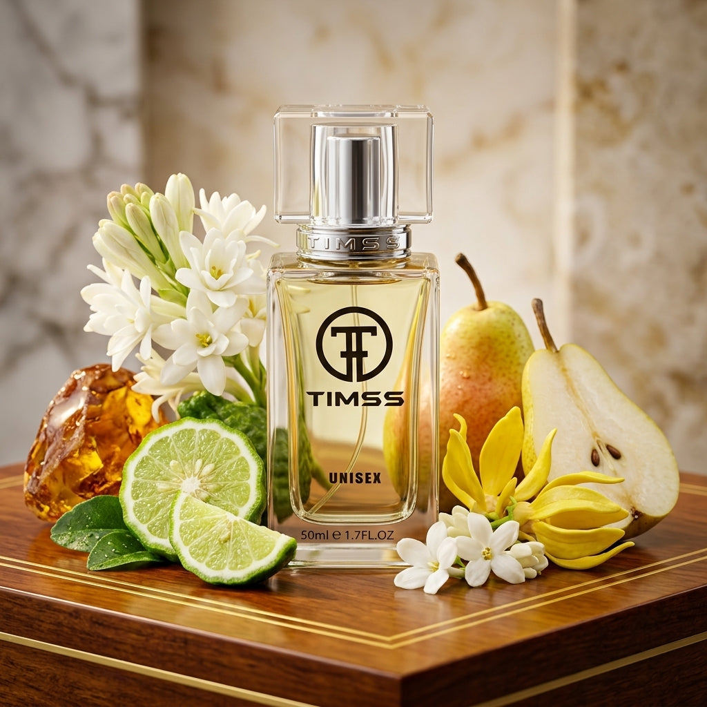 TIMSS U 506 SUPREM BOUQUET apă de parfum prezentat alături de flori opulente de tuberoză și ylang-ylang.