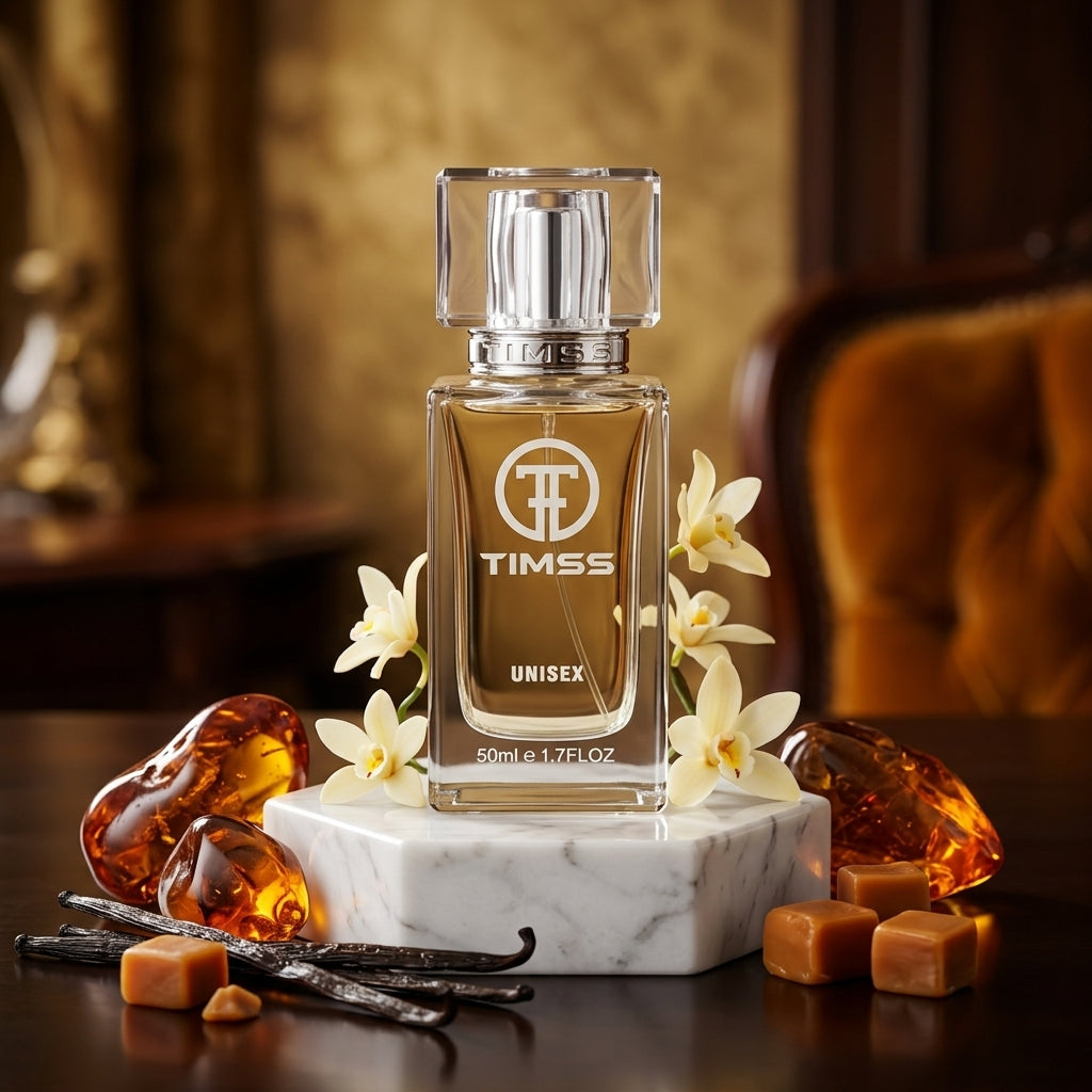 TIMSS U 507 ROZEN VANILA apă de parfum prezentat alături de păstăi de vanilie și note cremoase.