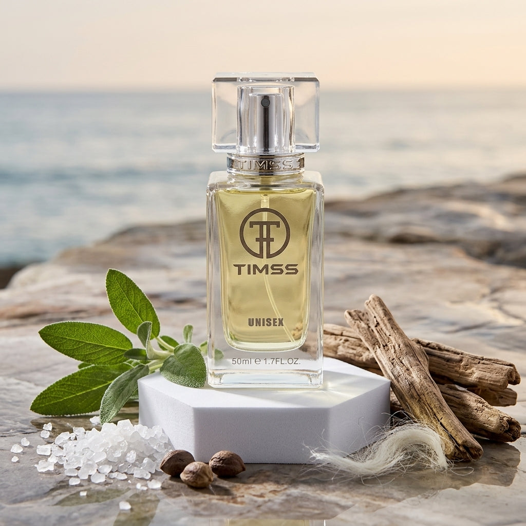 TIMSS U 508 SEA SALT apă de parfum prezentat alături de praf de sare de mare și frunze de salvie.