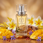 TIMSS U 510 MANGO SKIN apă de parfum prezentat alături de felii de mango zemos și flori exotice de frangipani.