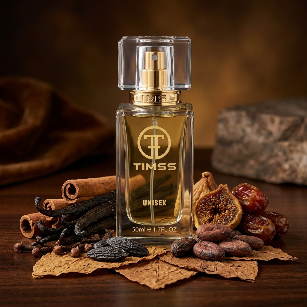 TIMSS U 512 TABACCO VANILLE apă de parfum prezentat alături de frunze de tutun, păstăi de vanilie și boabe de cacao.