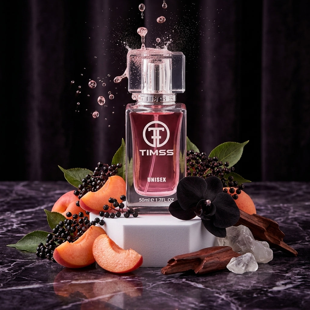 TIMSS U 513 PINK 090 09 apă de parfum prezentat alături de bule de șampanie roz, caise zemoase și flori de soc.