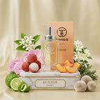 TIMSS U 514 EX- FLEUR apă de parfum prezentat alături de petale de bujor, felii de piersică și bergamotă.