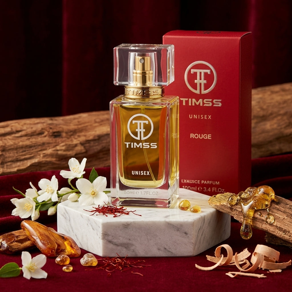 TIMSS U 515 ROUGE apă de parfum prezentat alături de filamente de șofran, flori de iasomie și rășină de cedru.