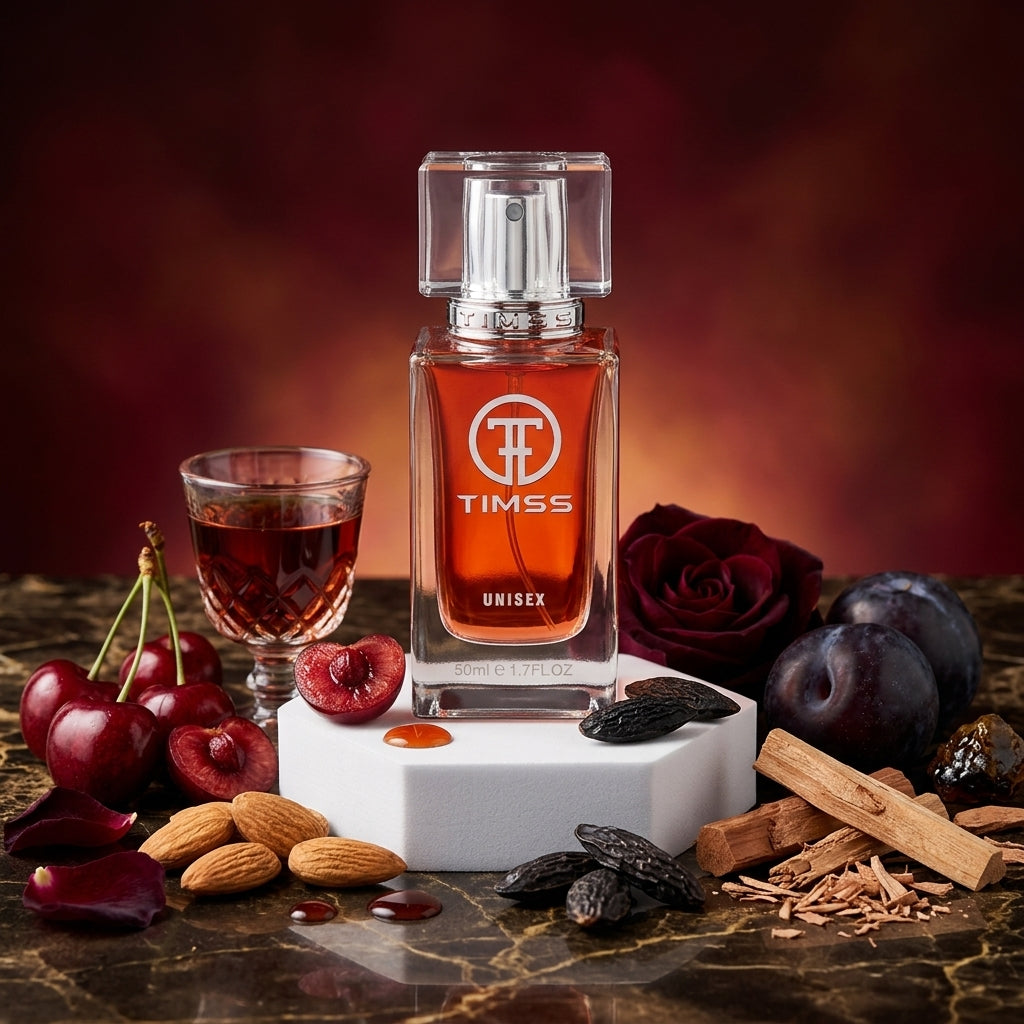 TIMSS U 516 LOVE CHERRY apă de parfum prezentat alături de vișine zemoase, migdale și boabe de tonka.