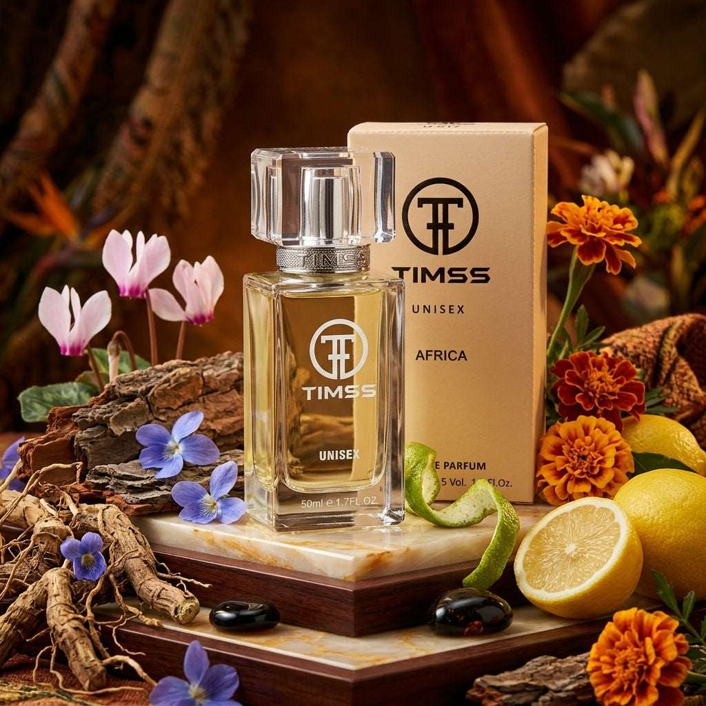 TIMSS U 517 AFRICA apă de parfum prezentat alături de rădăcini de vetiver, bergamotă și petale de violetă.