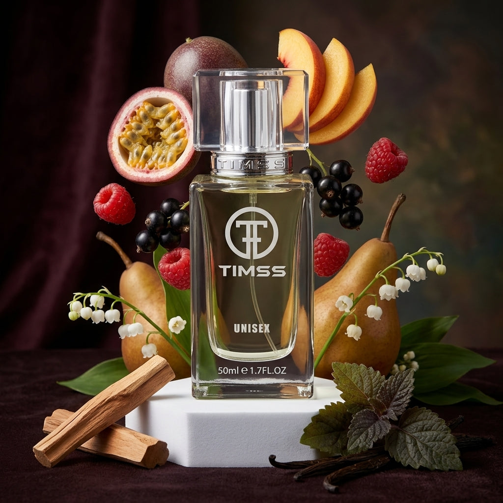 TIMSS U 518 KIRKE apă de parfum prezentat alături de fructul pasiunii, piersici zemoase și flori de lăcrămioare.