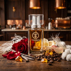 TIMSS U 520 INTENSE CAFE apă de parfum prezentat alături de boabe de cafea, trandafiri și vanilie.