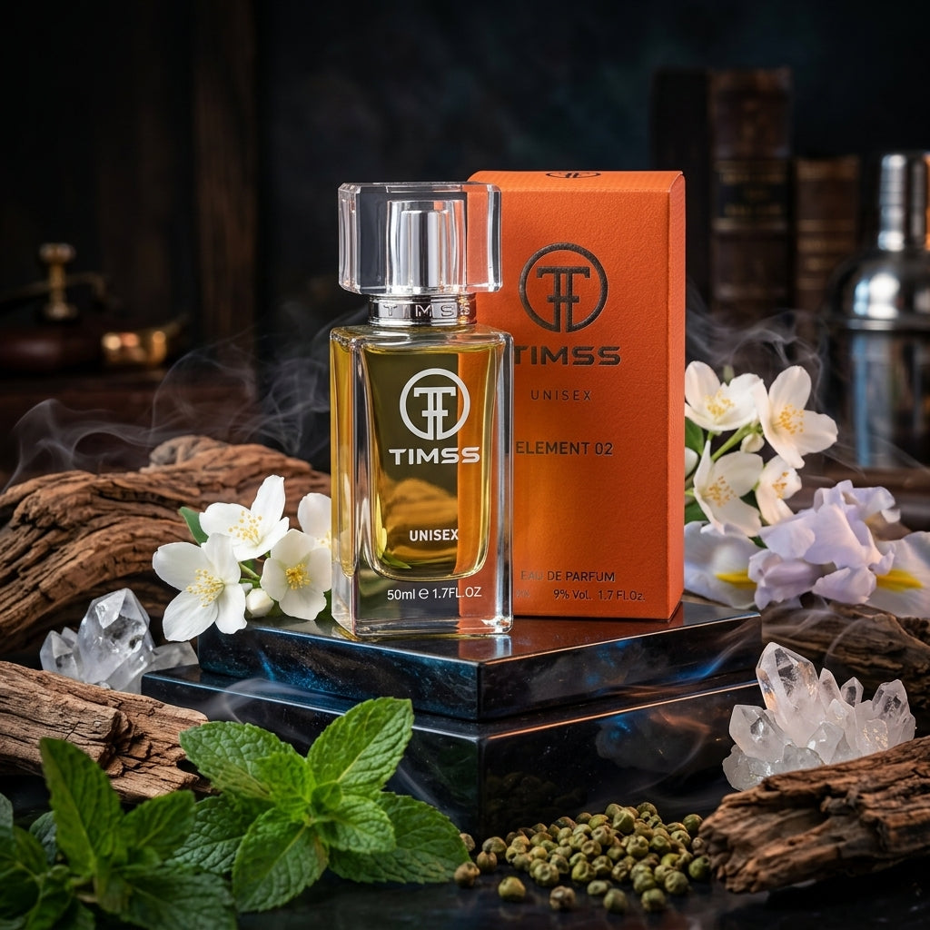 TIMSS U 521 ELEMENT 02 apă de parfum prezentat alături de flori de iasomie, iris și așchii de cedru.