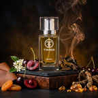 TIMSS U 523 CHERRY SMOKE apă de parfum prezentat alături de cireșe negre, fire de șofran și lemne afumate.