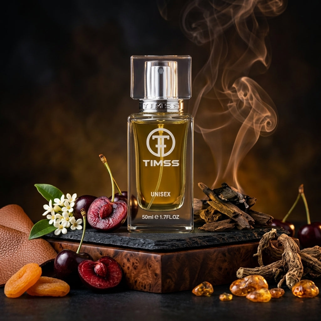 TIMSS U 523 CHERRY SMOKE apă de parfum prezentat alături de cireșe negre, fire de șofran și lemne afumate.