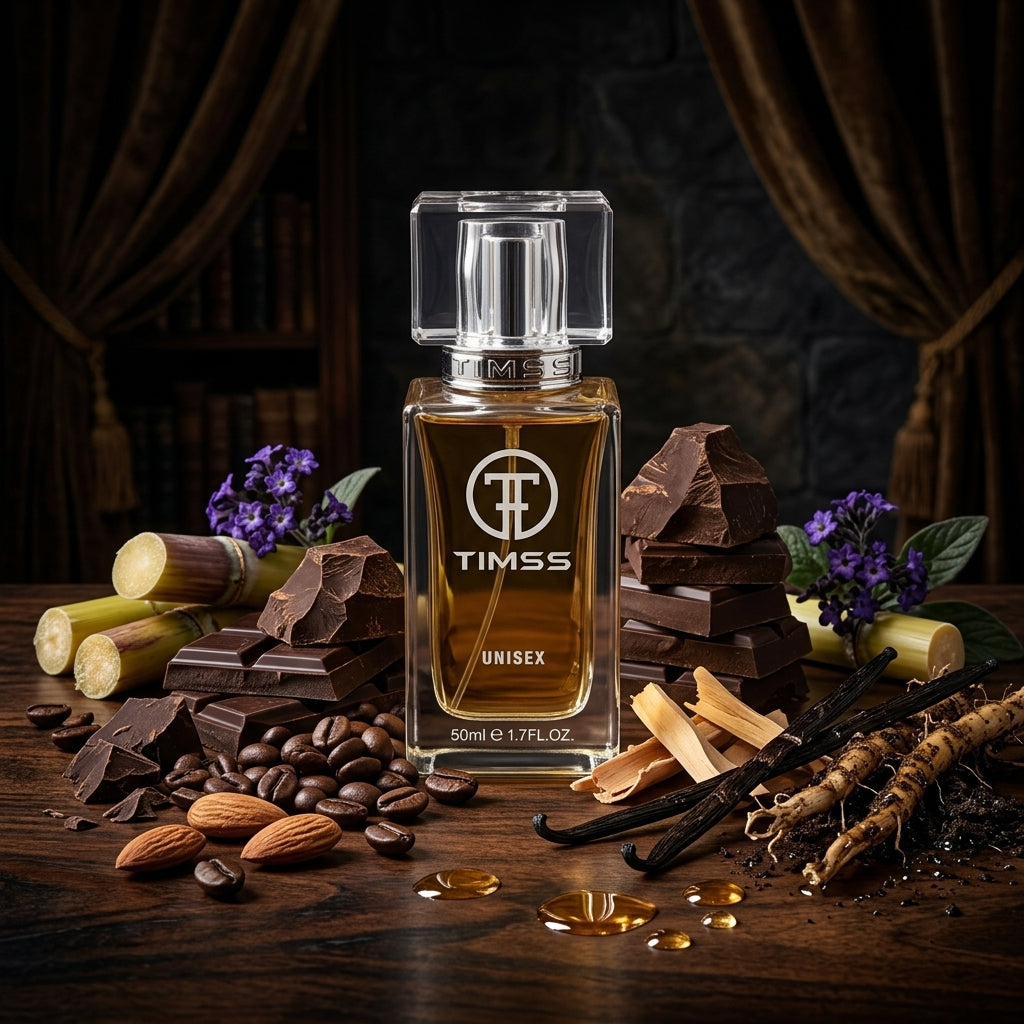 TIMSS U 524 BLACK PHANTOM apă de parfum prezentat alături de pocal cu rom, boabe de cafea și batoane de vanilie.