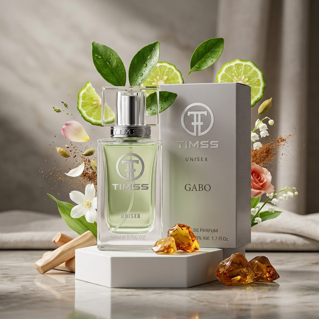 TIMSS U 525 GABO apă de parfum prezentat alături de bergamotă, condimente suave și așchii de lemn de santal.
