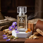 TIMSS U 526 SANTAL 33 apă de parfum prezentat alături de așchii de lemn de santal, flori de iris și bucăți de piele.