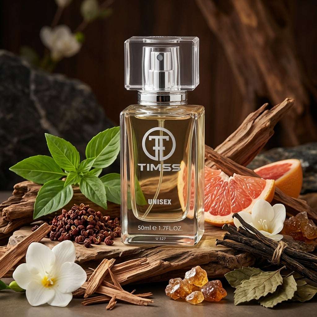 TIMSS U 527 IMPERIAL apă de parfum prezentat alături de frunze de busuioc thai, piper de Sichuan și vetiver.