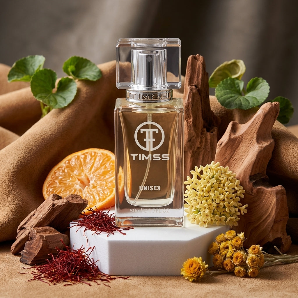 TIMSS U 528 GANIMEDE apă de parfum prezentat alături de mandarină, șofran și note minerale de piele.