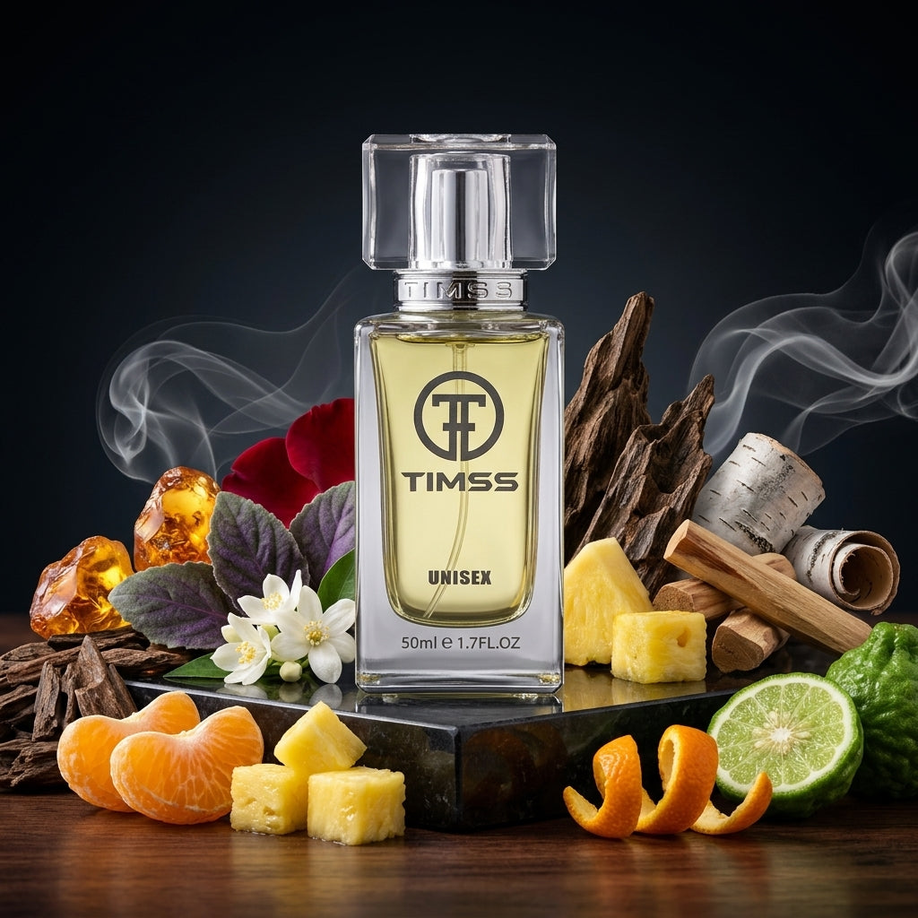 TIMSS U 529 GUMINI apă de parfum prezentat alături de felii de ananas, mandarine și așchii de lemn de oud.