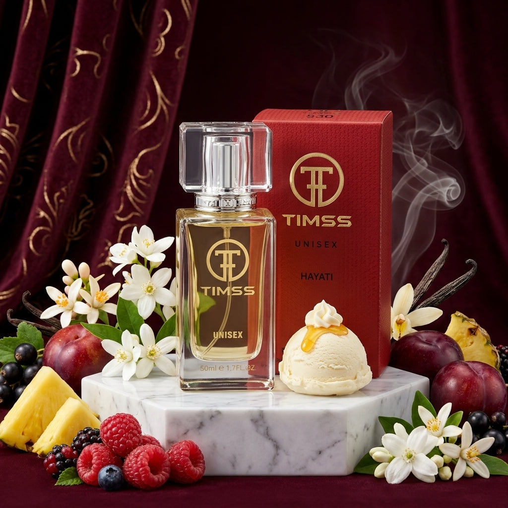 TIMSS U 530 HAYATI apă de parfum prezentat alături de zmeură proaspătă, frișcă cremoasă și păstăi de vanilie.
