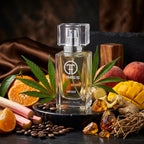 TIMSS U 531 EX-FLEUR VERT apă de parfum prezentat alături de boabe de cafea, mango copt și rubarbă proaspătă.