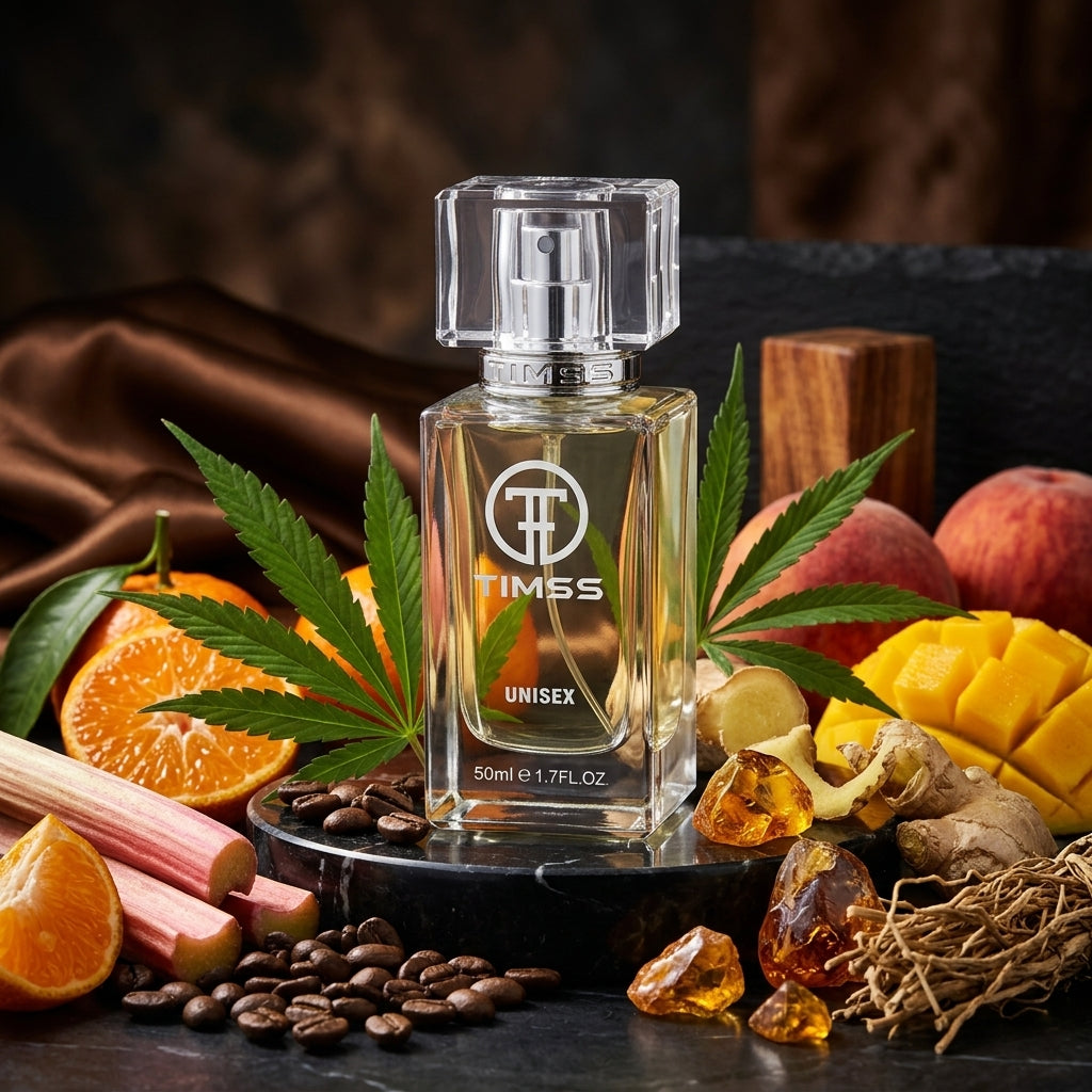 TIMSS U 531 EX-FLEUR VERT apă de parfum prezentat alături de boabe de cafea, mango copt și rubarbă proaspătă.