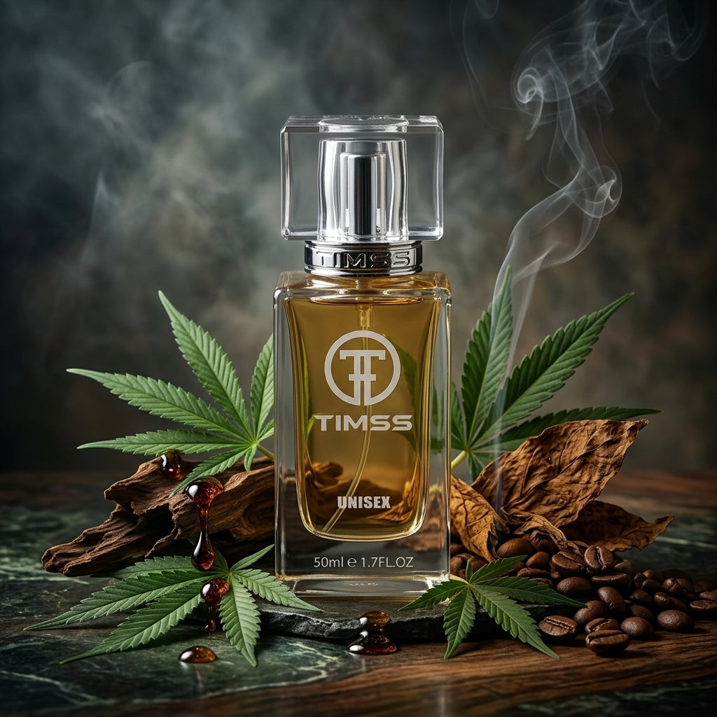 TIMSS U 535 AFGANO apă de parfum prezentat alături de frunze de cânepă, bucăți de rășină și lemn de agar.