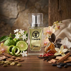 TIMSS U 537 CASANOVA CHARM apă de parfum prezentat alături de flori de iasomie, păstăi de vanilie și ambră.