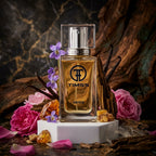TIMSS U 540 OUD SATIN apă de parfum prezentat alături de petale de trandafir, păstăi de vanilie și lemn de agar.