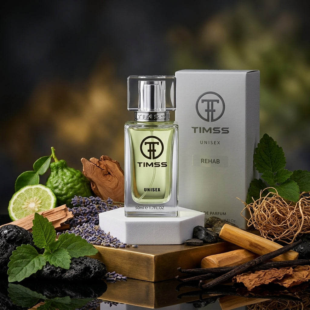TIMSS U 541 REHAB apă de parfum prezentat alături de flori de lavandă, lemn de cedru și păstăi de vanilie.