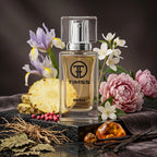 TIMSS U 544 ACENTA apă de parfum prezentat alături de felii de ananas, flori de iris și boabe de piper roz.