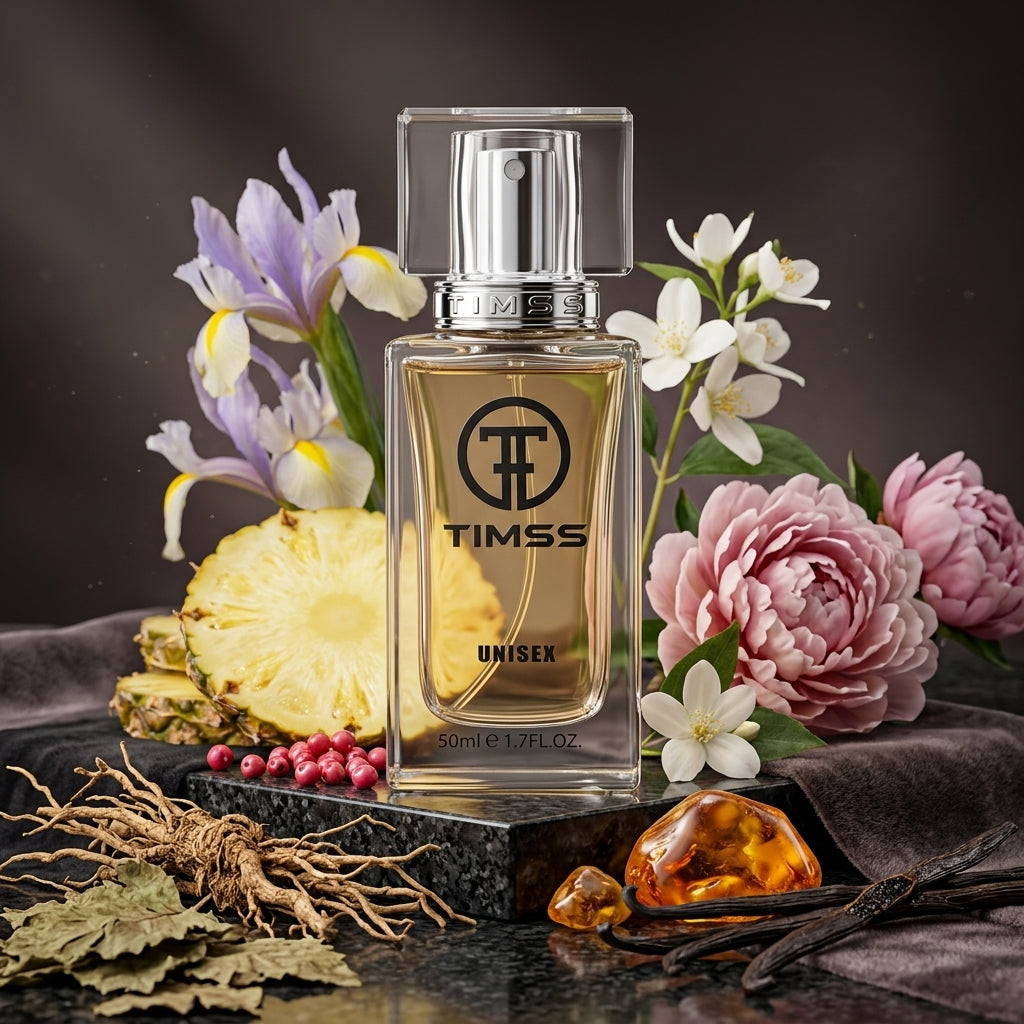 TIMSS U 544 ACENTA apă de parfum prezentat alături de felii de ananas, flori de iris și boabe de piper roz.